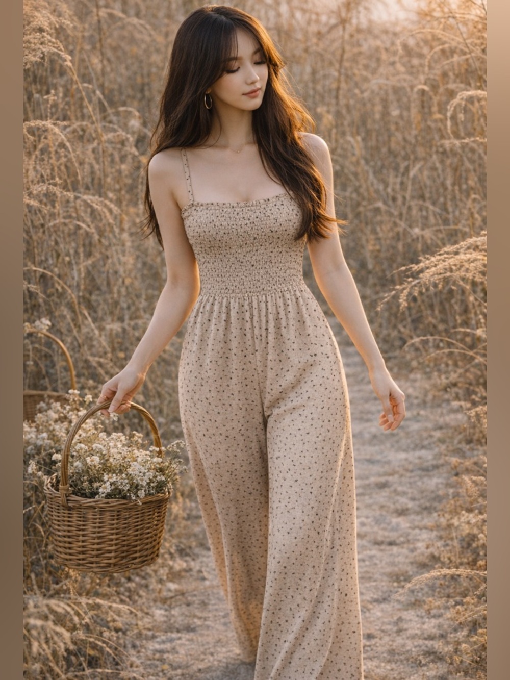 New Abercrombie + Fitch kind + casual breezy smocked mocha jumpsuit romper